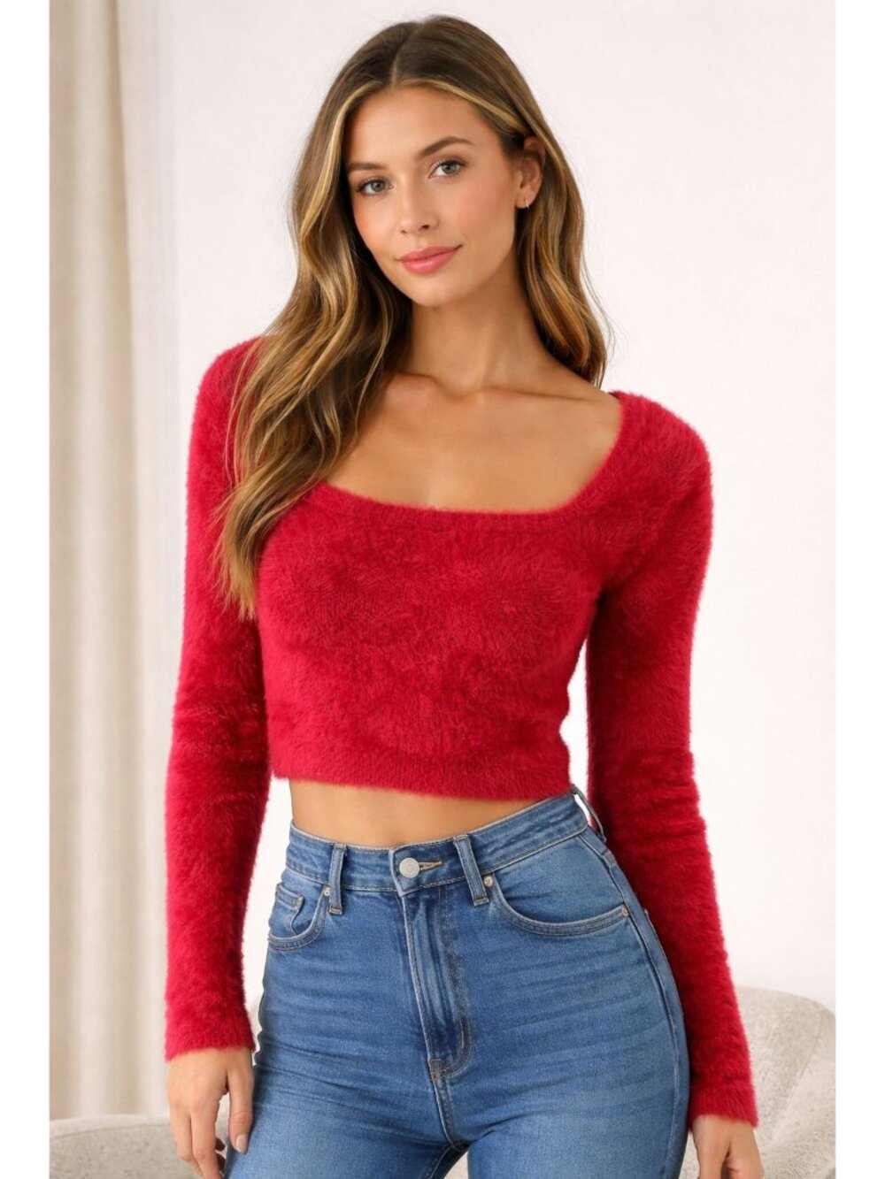 NWOT Revoleve ASTR The Label women's red fuzzy squareneck crop sweater Size M